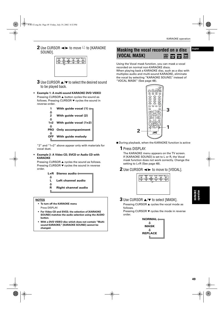 Masking the vocal recorded on a disc [vocal mask, Use cursor 2/3 to move to [karaoke sound, Press display | Use cursor 2/3 to move to [vocal, Use cursor 5/∞ to select [mask, Karaoke oper ati o n, Normal mask replace | JVC XV-M512SL User Manual | Page 51 / 68