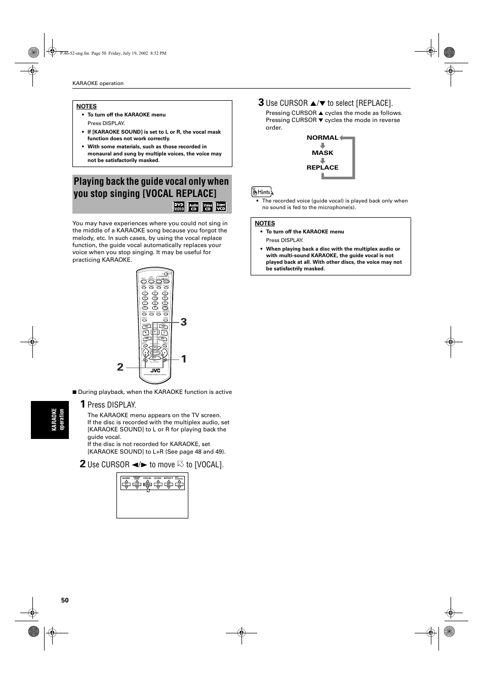 Press display, Use cursor 2/3 to move to [vocal, Use cursor 5/∞ to select [replace | Normal mask replace, Karaoke operation | JVC XV-M512SL User Manual | Page 52 / 68