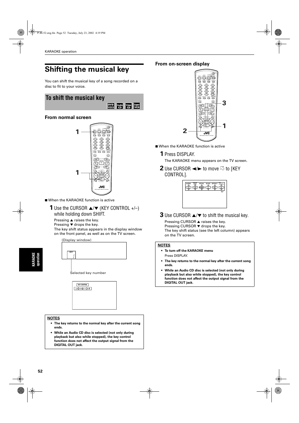 Shifting the musical key, Press display, Use cursor 2/3 to move to [key control | Use cursor 5/∞ to shift the musical key, Ka ra ok e ope ra tio n, 7 when the karaoke function is active, The karaoke menu appears on the tv screen, Karaoke operation, Display window) selected key number | JVC XV-M512SL User Manual | Page 54 / 68