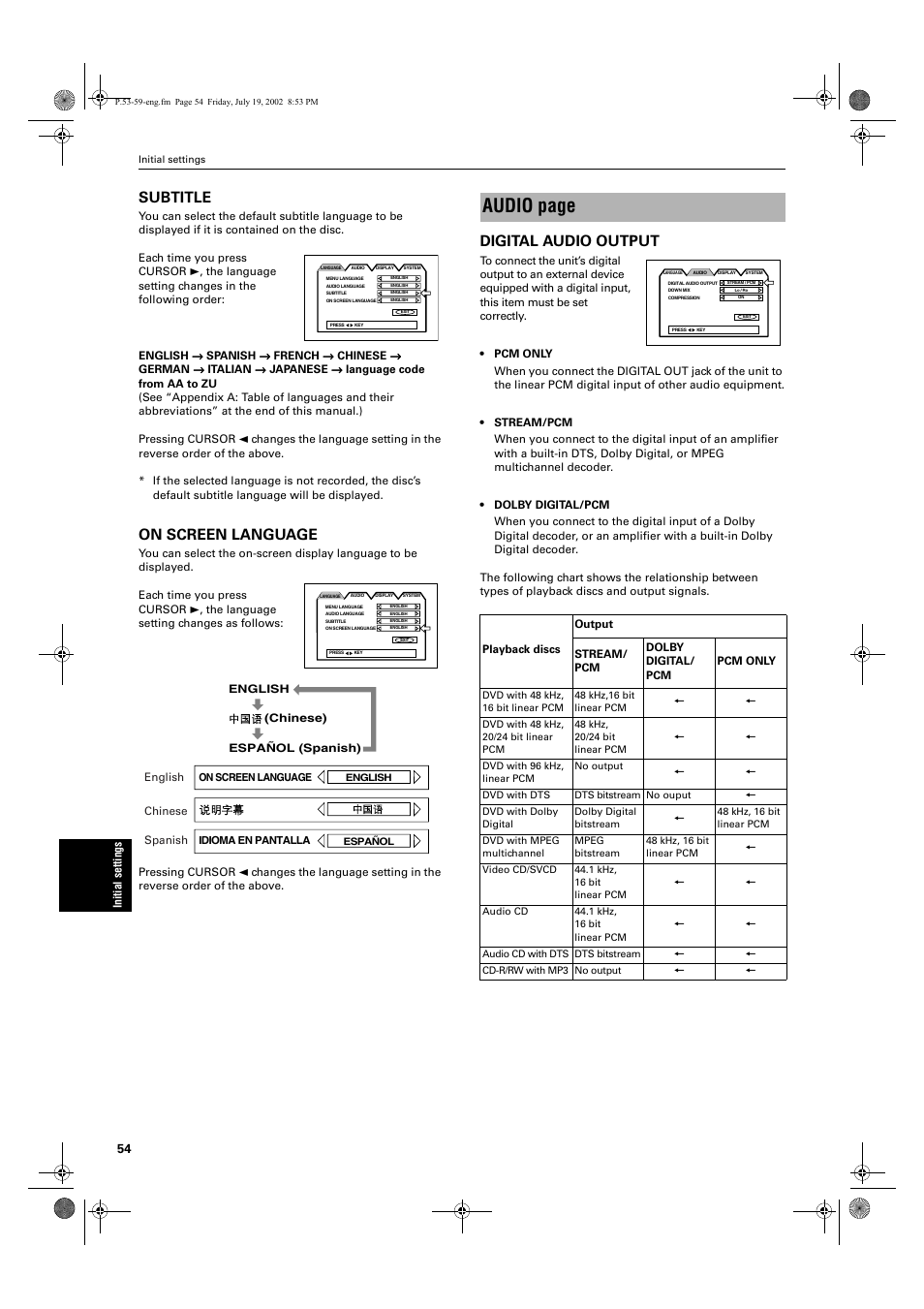 Audio page, Subtitle, On screen language | Digital audio output | JVC XV-M512SL User Manual | Page 56 / 68