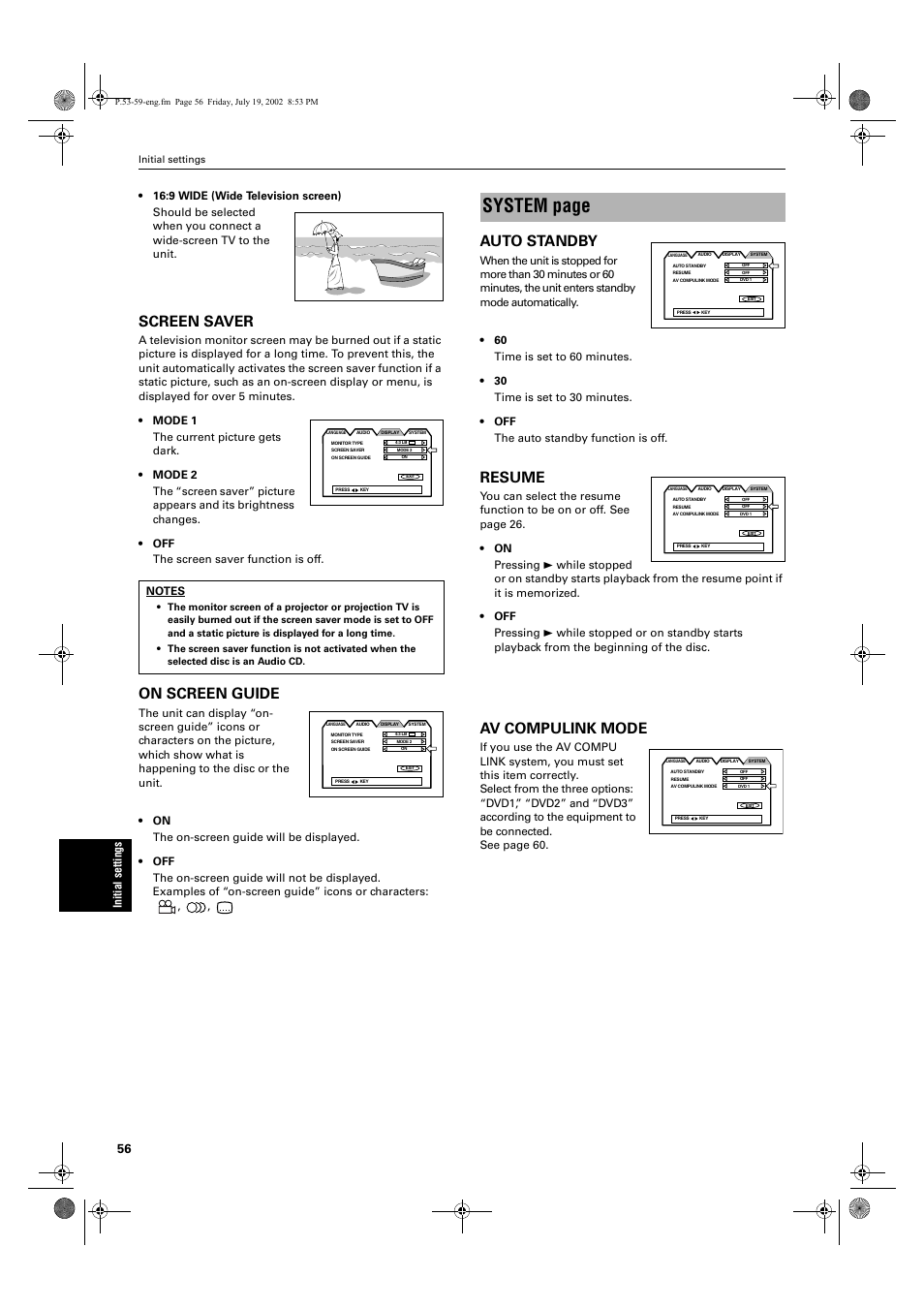 System page, Screen saver, On screen guide | Auto standby, Resume, Av compulink mode | JVC XV-M512SL User Manual | Page 58 / 68