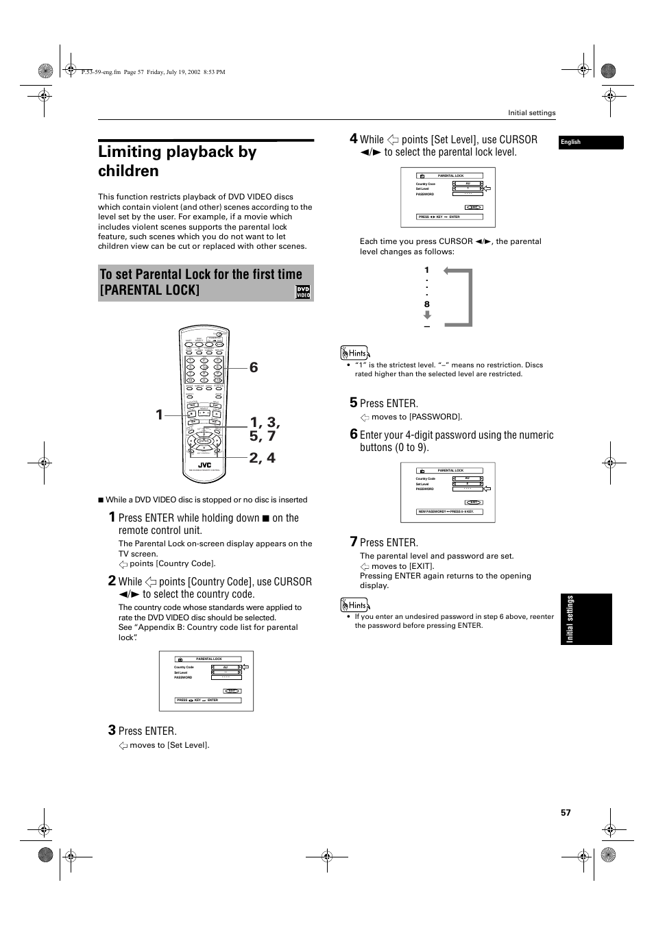 Limiting playback by children, Press enter, Init ial s e tti ngs | Moves to [set level, Moves to [password | JVC XV-M512SL User Manual | Page 59 / 68