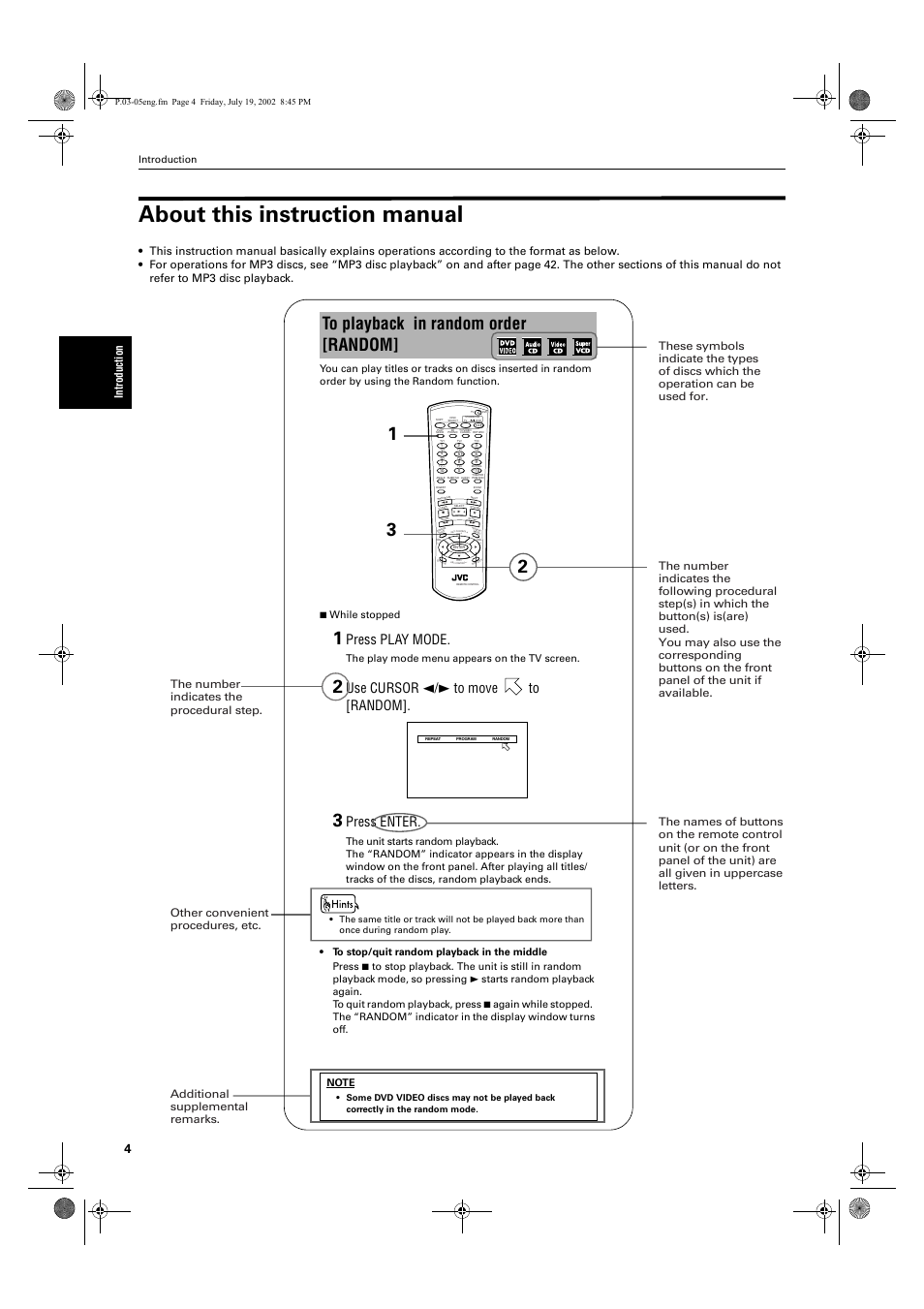 About this instruction manual, Press play mode, Use cursor 2/3 to move to [random | Press enter, Introduction, The play mode menu appears on the tv screen | JVC XV-M512SL User Manual | Page 6 / 68