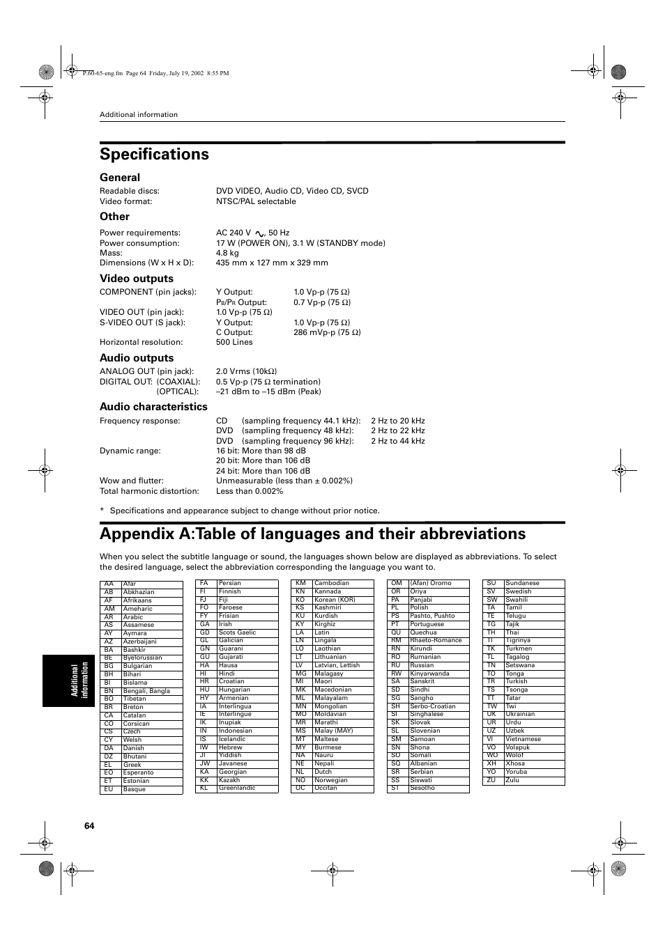 Specifications, General, Other | Video outputs, Audio outputs, Audio characteristics | JVC XV-M512SL User Manual | Page 66 / 68