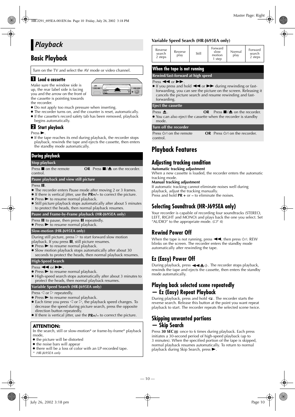 Playback, Basic playback, Playback features | Adjusting tracking condition, Selecting soundtrack (hr-j695ea only), Rewind power off, Ez (easy) power off, Skipping unwanted portions — skip search | JVC HR-J291EA User Manual | Page 10 / 16
