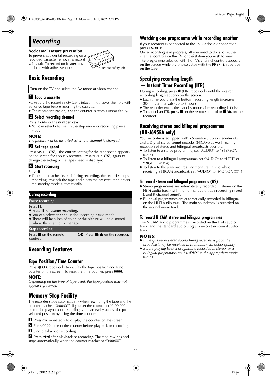 Recording, Basic recording, Recording features | Tape position/time counter, Watching one programme while recording another | JVC HR-J291EA User Manual | Page 11 / 16