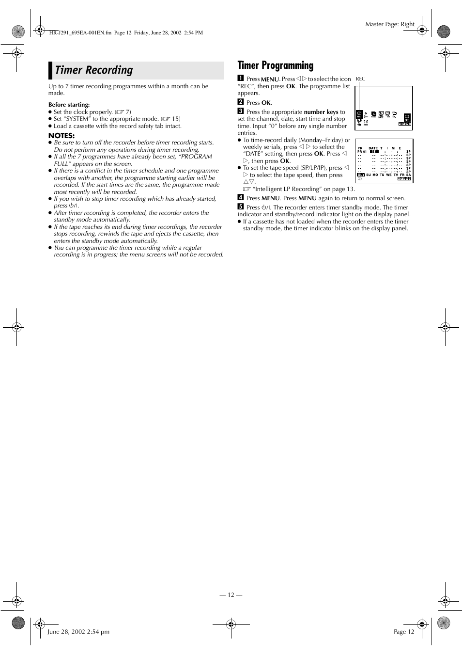 Timer recording, Timer programming | JVC HR-J291EA User Manual | Page 12 / 16
