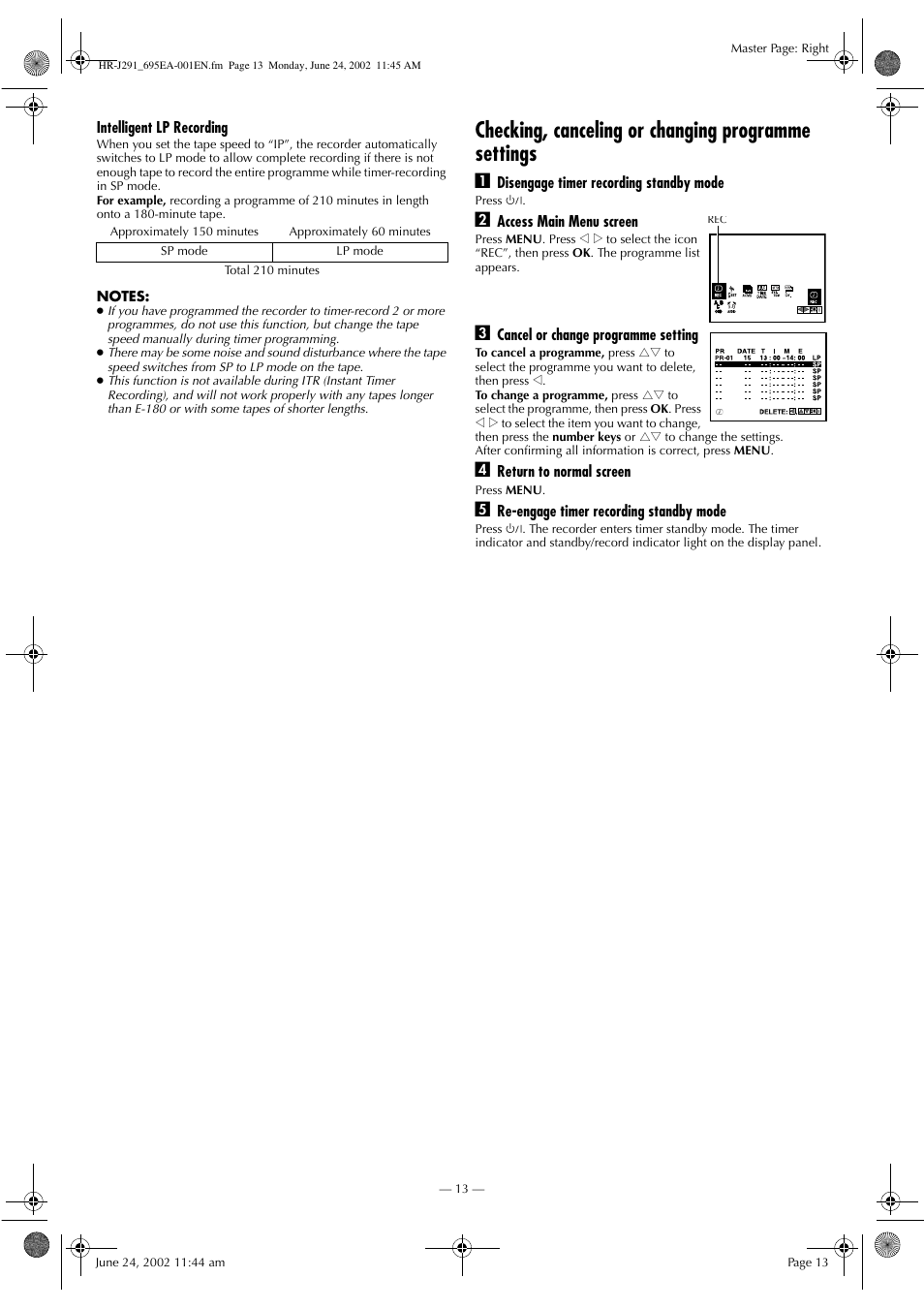 Checking, canceling or changing programme settings | JVC HR-J291EA User Manual | Page 13 / 16