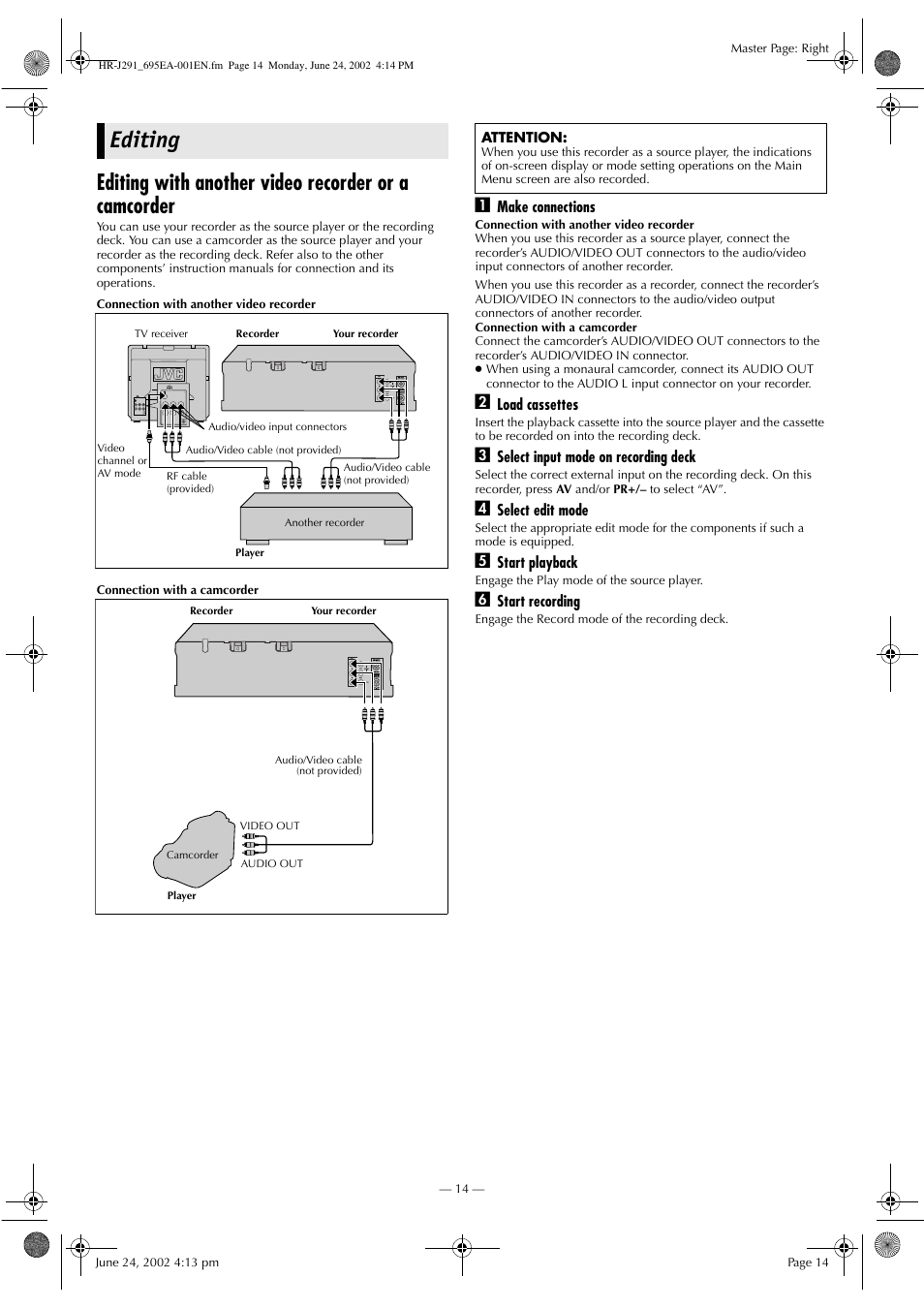 Editing, Editing with another video recorder or a camcorder | JVC HR-J291EA User Manual | Page 14 / 16