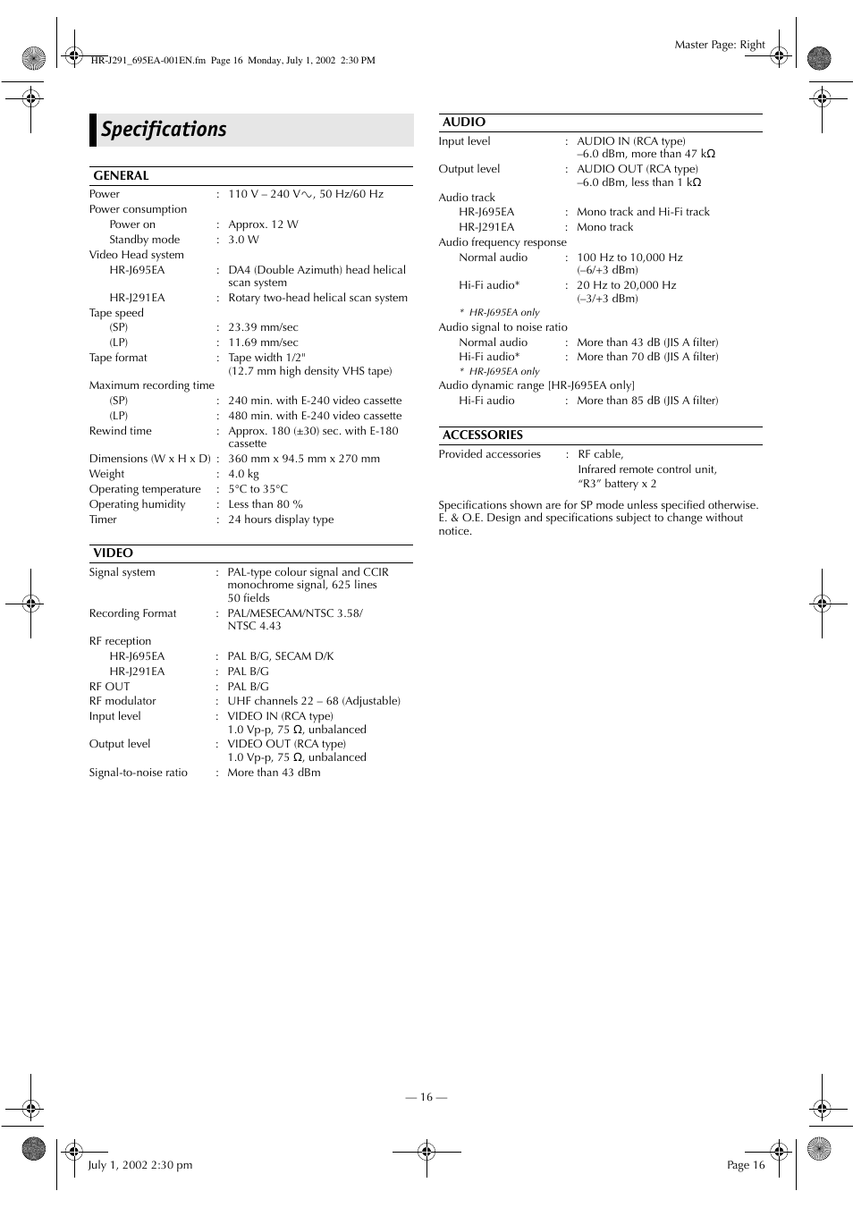 Specifications | JVC HR-J291EA User Manual | Page 16 / 16