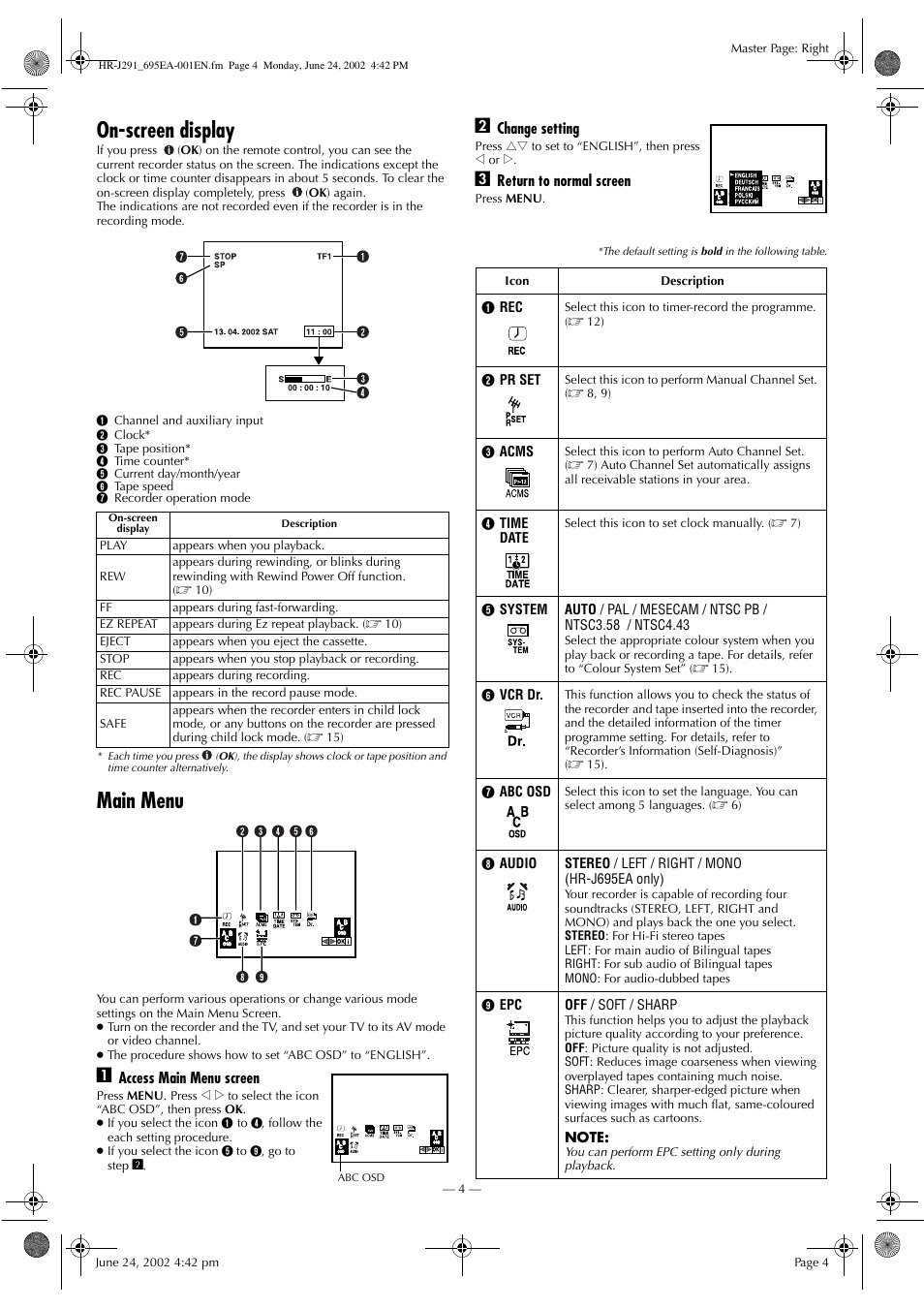 On-screen display, Main menu | JVC HR-J291EA User Manual | Page 4 / 16