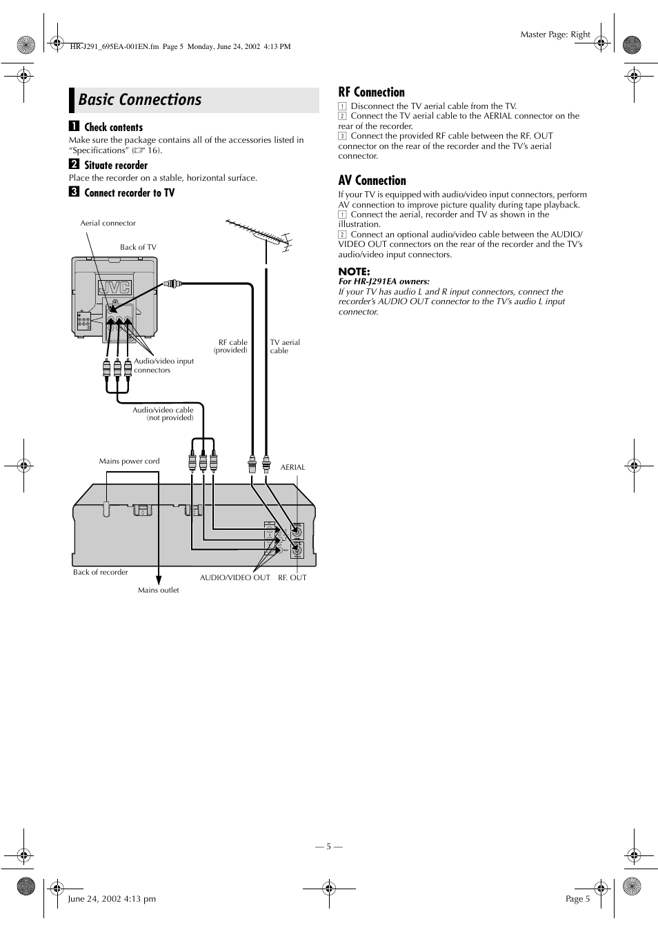 Basic connections, Rf connection, Av connection | JVC HR-J291EA User Manual | Page 5 / 16
