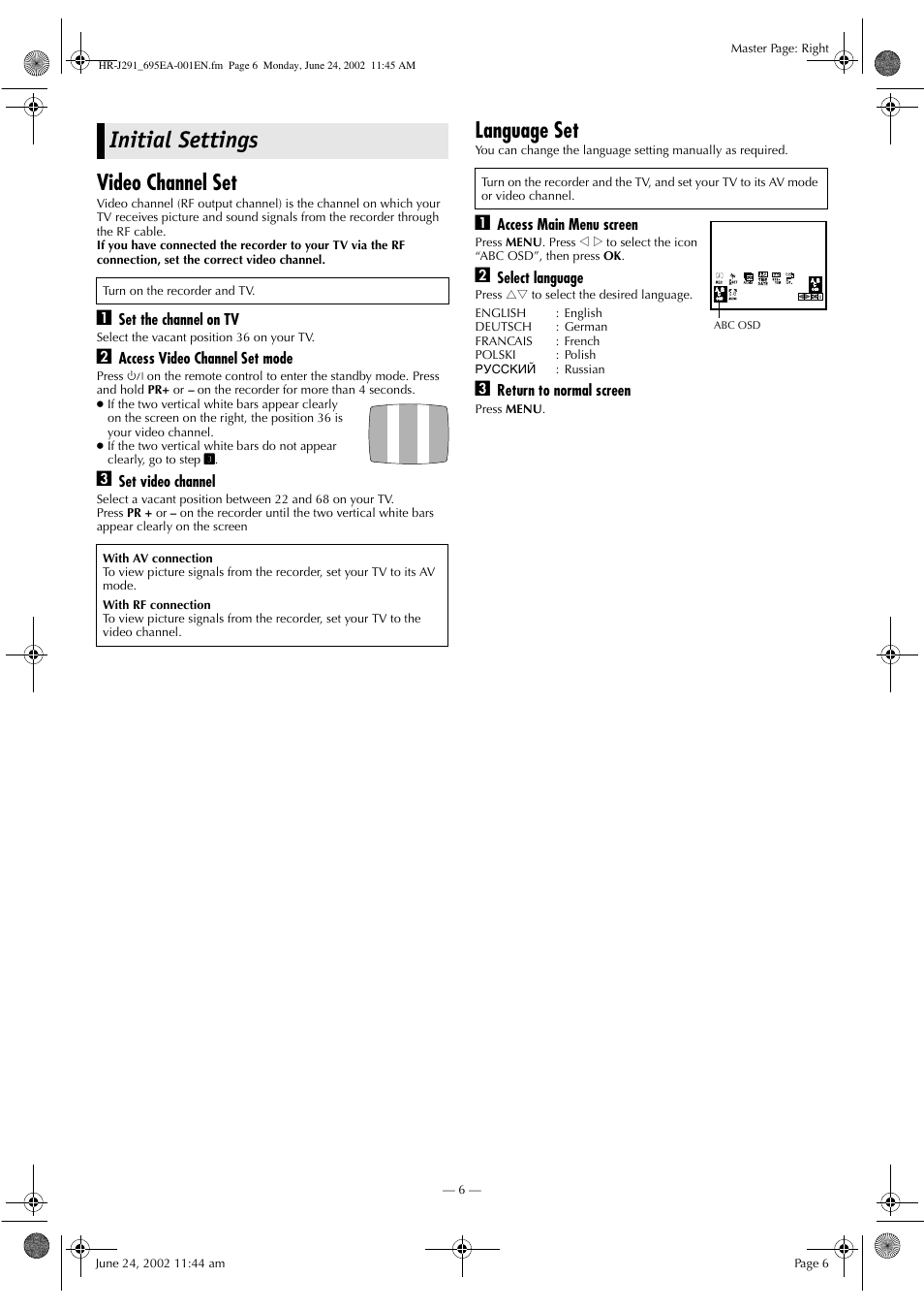 Initial settings, Video channel set, Language set | JVC HR-J291EA User Manual | Page 6 / 16