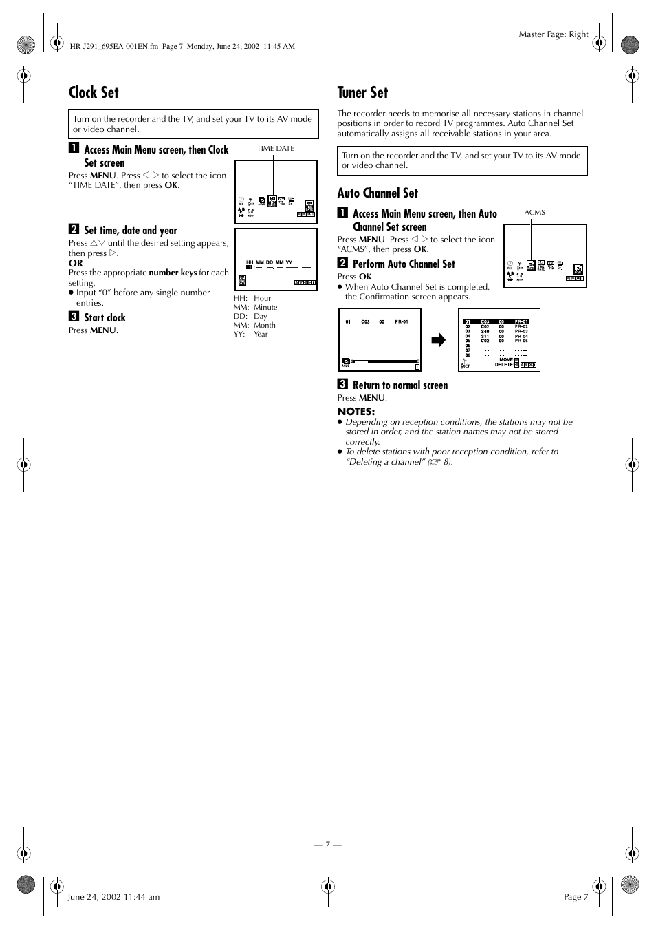 Clock set, Tuner set, Auto channel set a | JVC HR-J291EA User Manual | Page 7 / 16