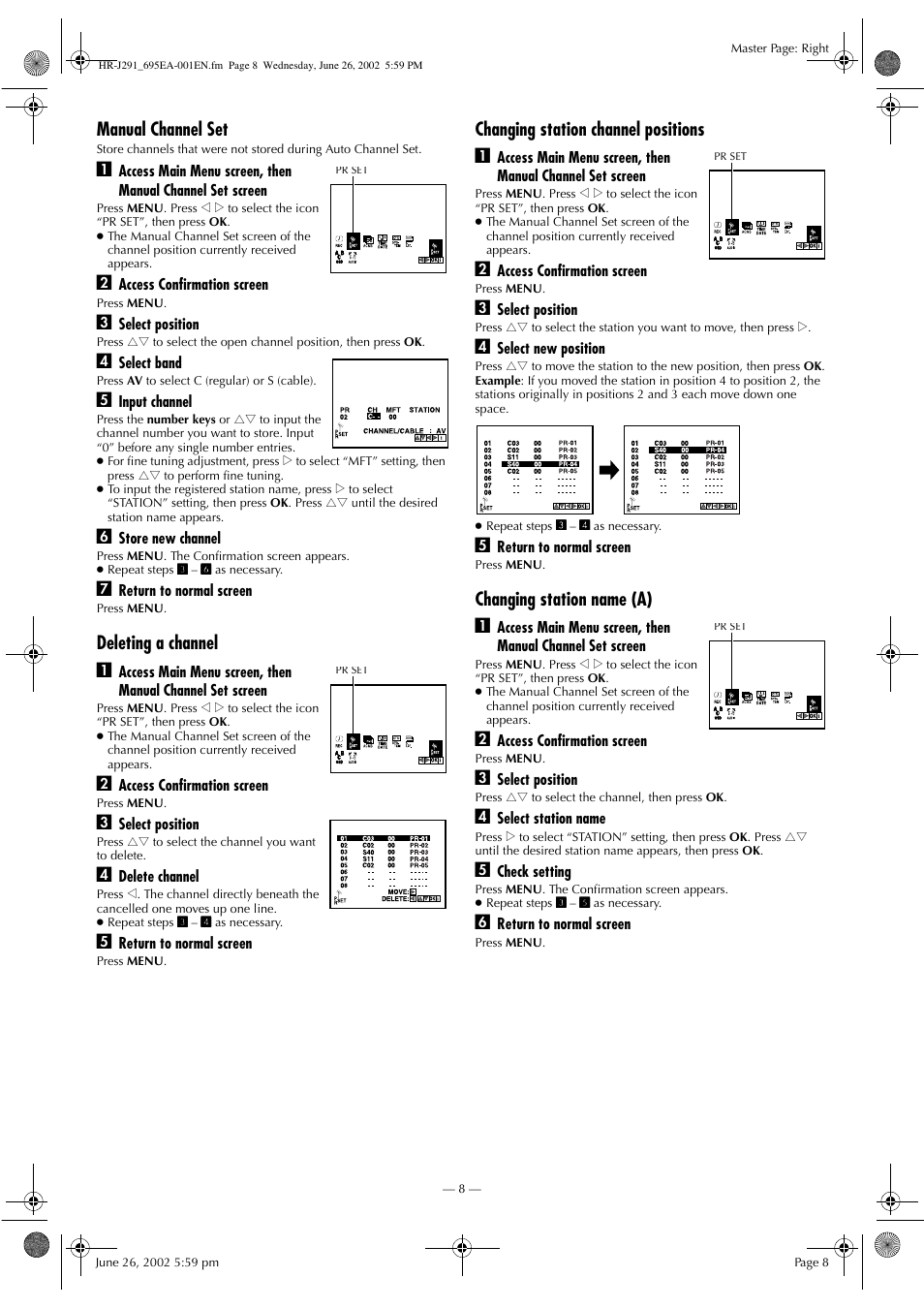 Manual channel set, Deleting a channel a, Changing station channel positions a | Changing station name (a) a | JVC HR-J291EA User Manual | Page 8 / 16