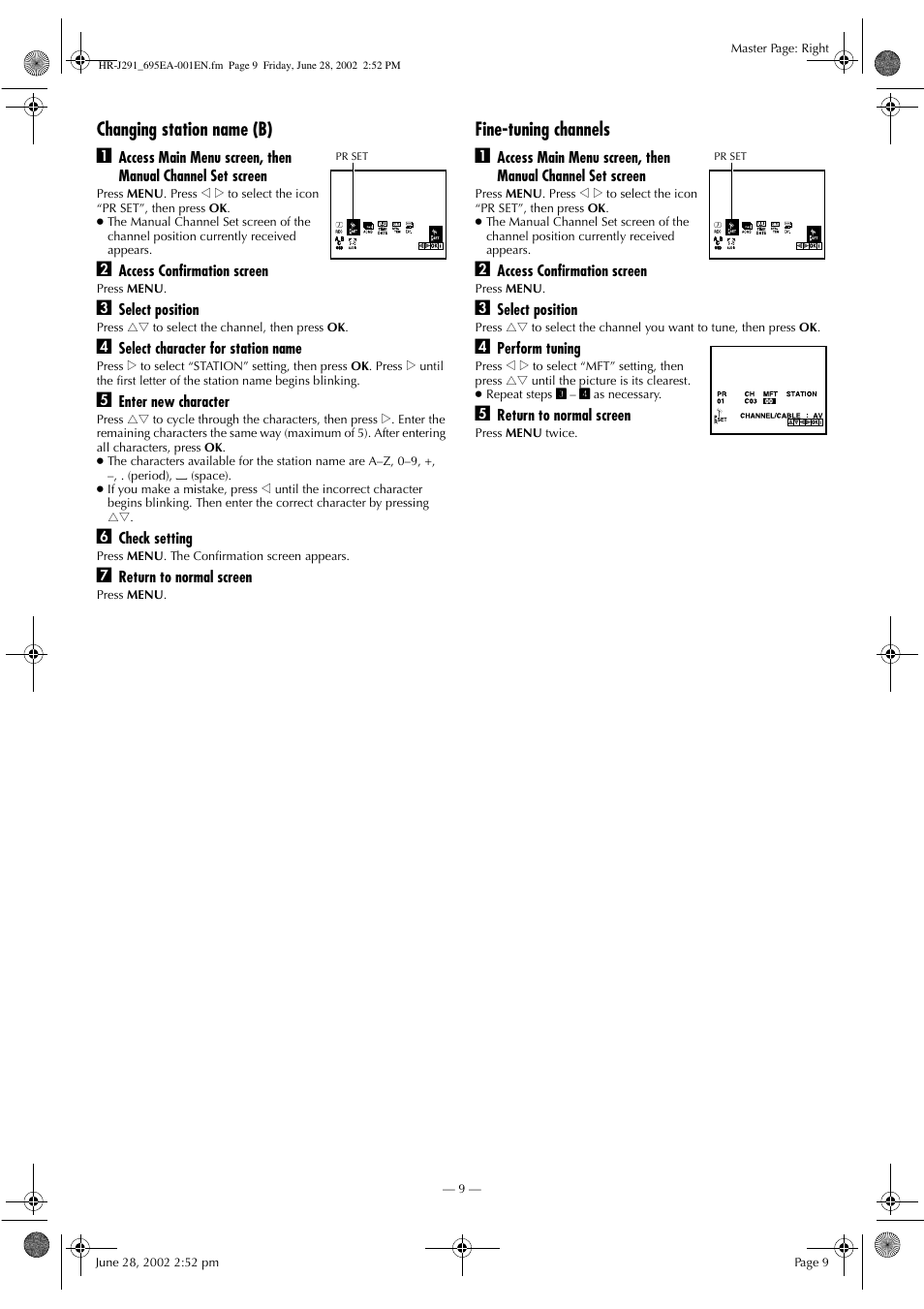 Changing station name (b) a, Fine-tuning channels a | JVC HR-J291EA User Manual | Page 9 / 16