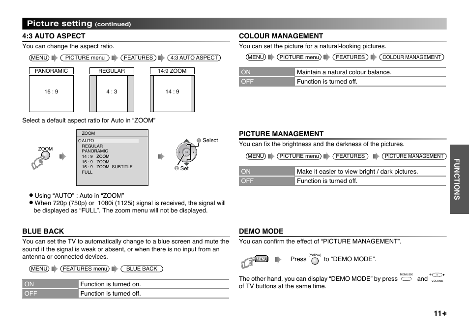 3 auto aspect, Blue back, Colour management | Picture management, Demo mode, Picture setting | JVC LT-32EX177 User Manual | Page 11 / 22