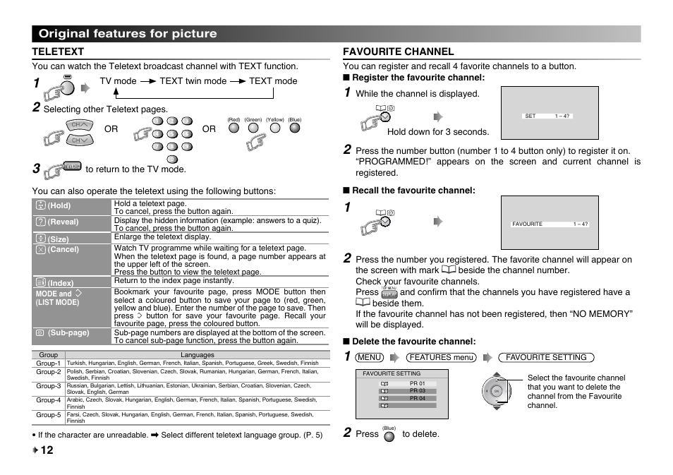 Original features for picture, Teletext, Favourite channel | JVC LT-32EX177 User Manual | Page 12 / 22