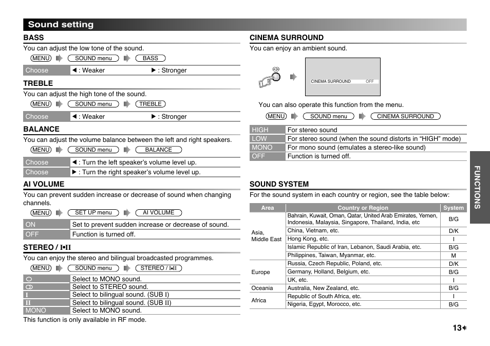 Sound setting, Bass, Treble | Balance, Ai volume, Stereo / i■ii, Cinema surround, Sound system | JVC LT-32EX177 User Manual | Page 13 / 22