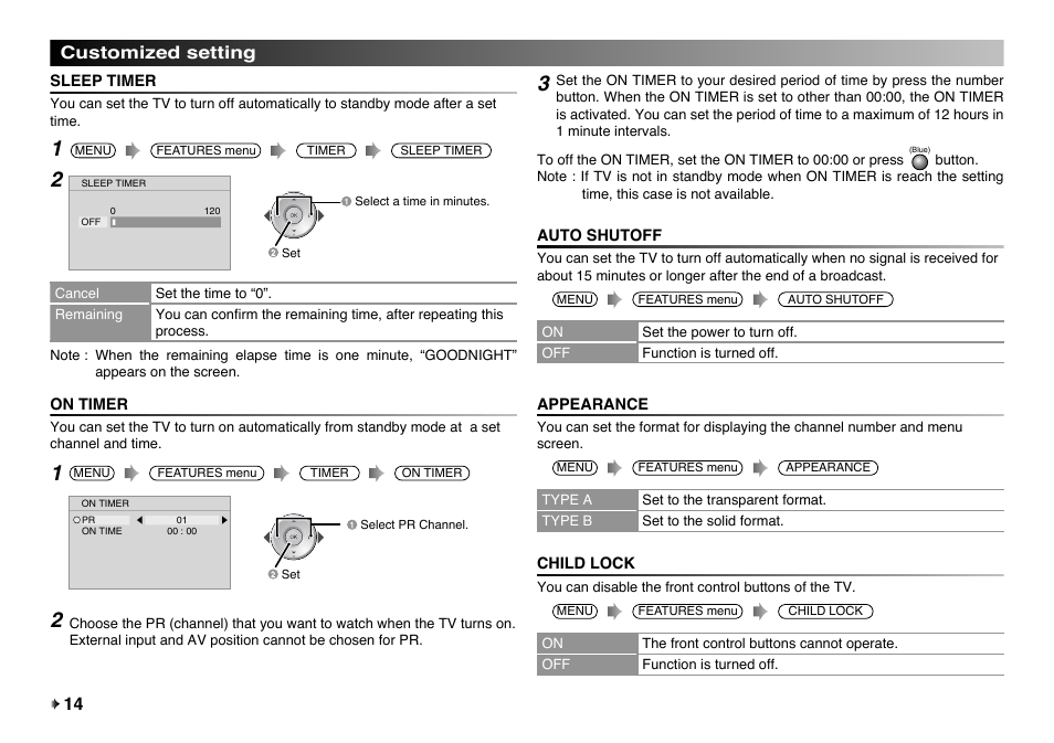 Customized setting, Sleep timer, On timer | Auto shutoff, Appearance, Child lock, 14 customized setting | JVC LT-32EX177 User Manual | Page 14 / 22