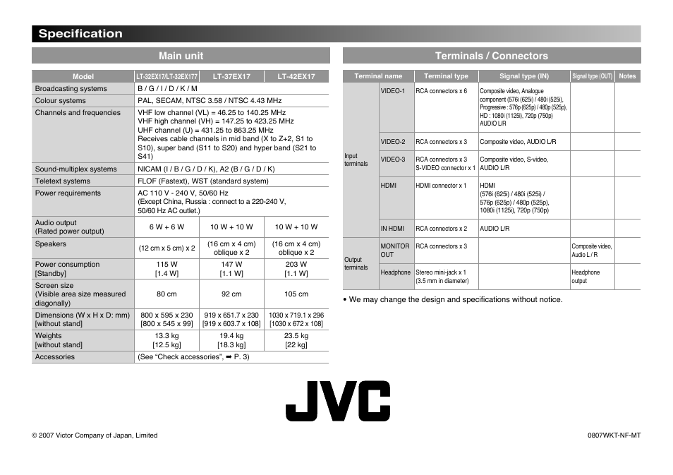Specification, Speciﬁcation, Main unit terminals / connectors | JVC LT-32EX177 User Manual | Page 22 / 22