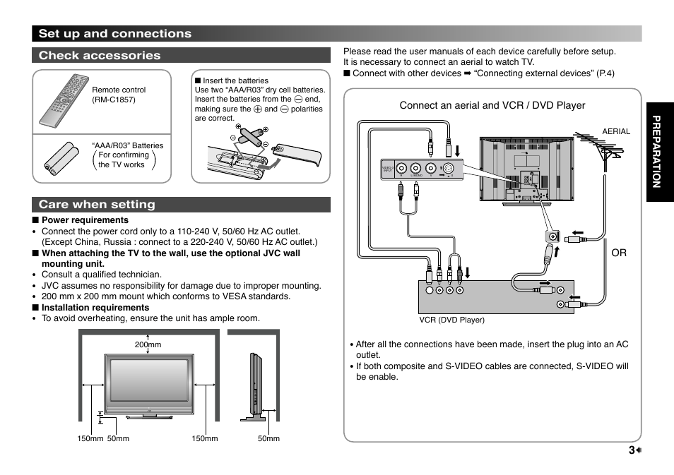Set up and connections, Check accessories, Care when setting | JVC LT-32EX177 User Manual | Page 3 / 22