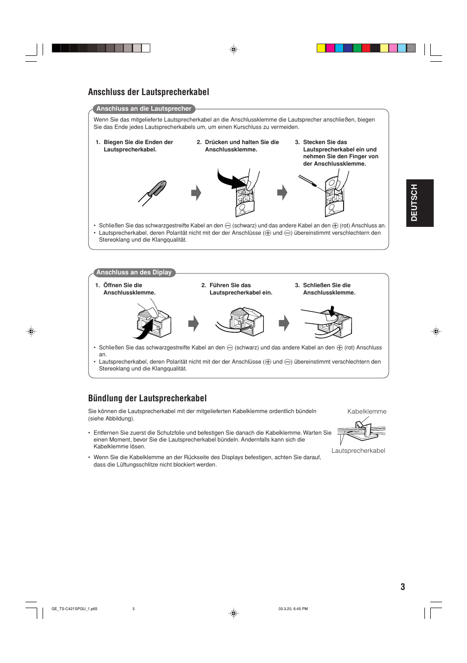 Bündlung der lautsprecherkabel, Anschluss der lautsprecherkabel, Deutsch | JVC TS-C421SPGU User Manual | Page 11 / 40