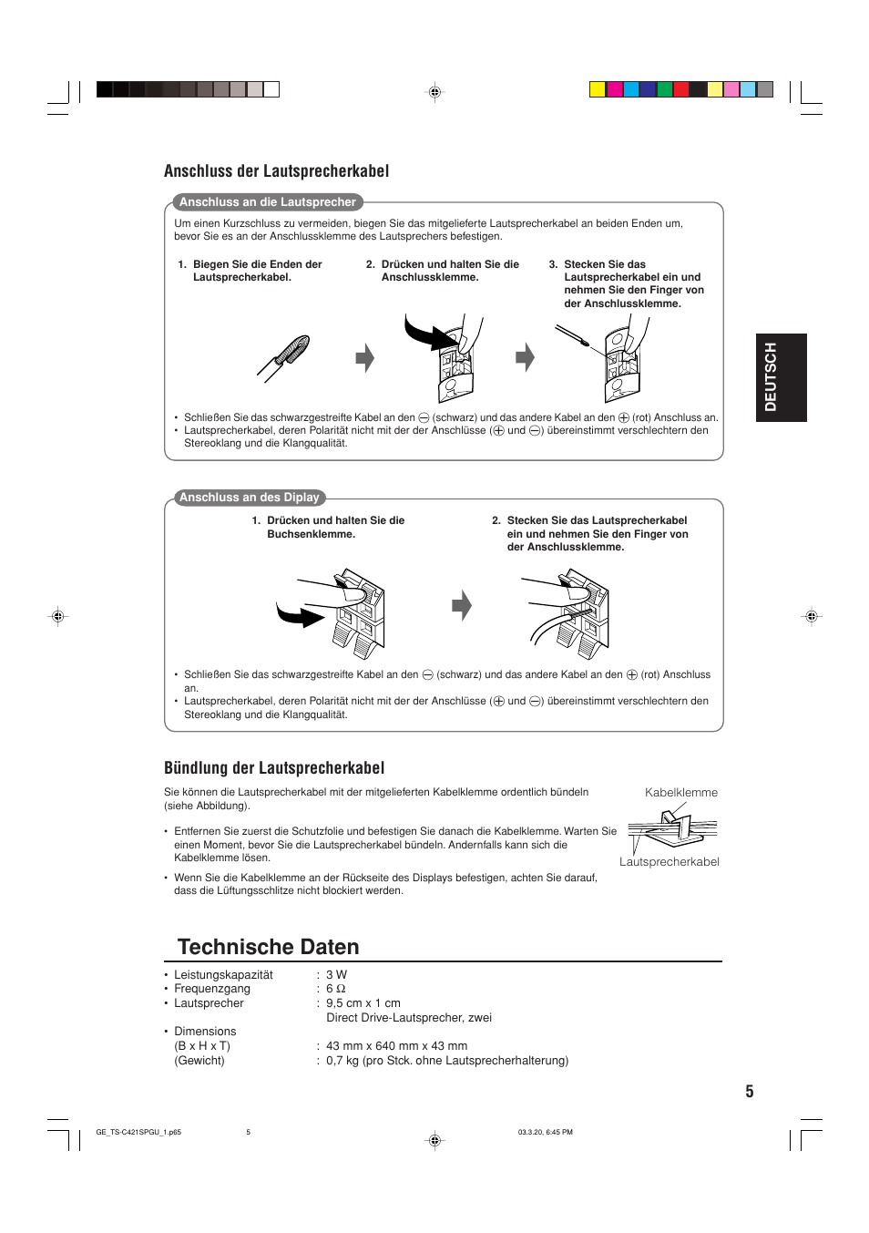 Technische daten, Bündlung der lautsprecherkabel, Anschluss der lautsprecherkabel | JVC TS-C421SPGU User Manual | Page 13 / 40