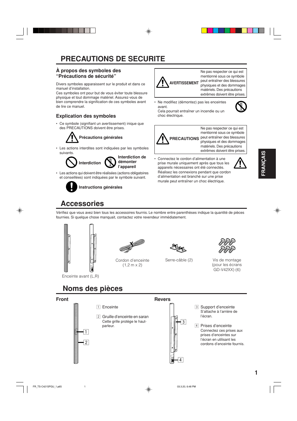 French, Noms des pièces precautions de securite, Accessories | JVC TS-C421SPGU User Manual | Page 15 / 40