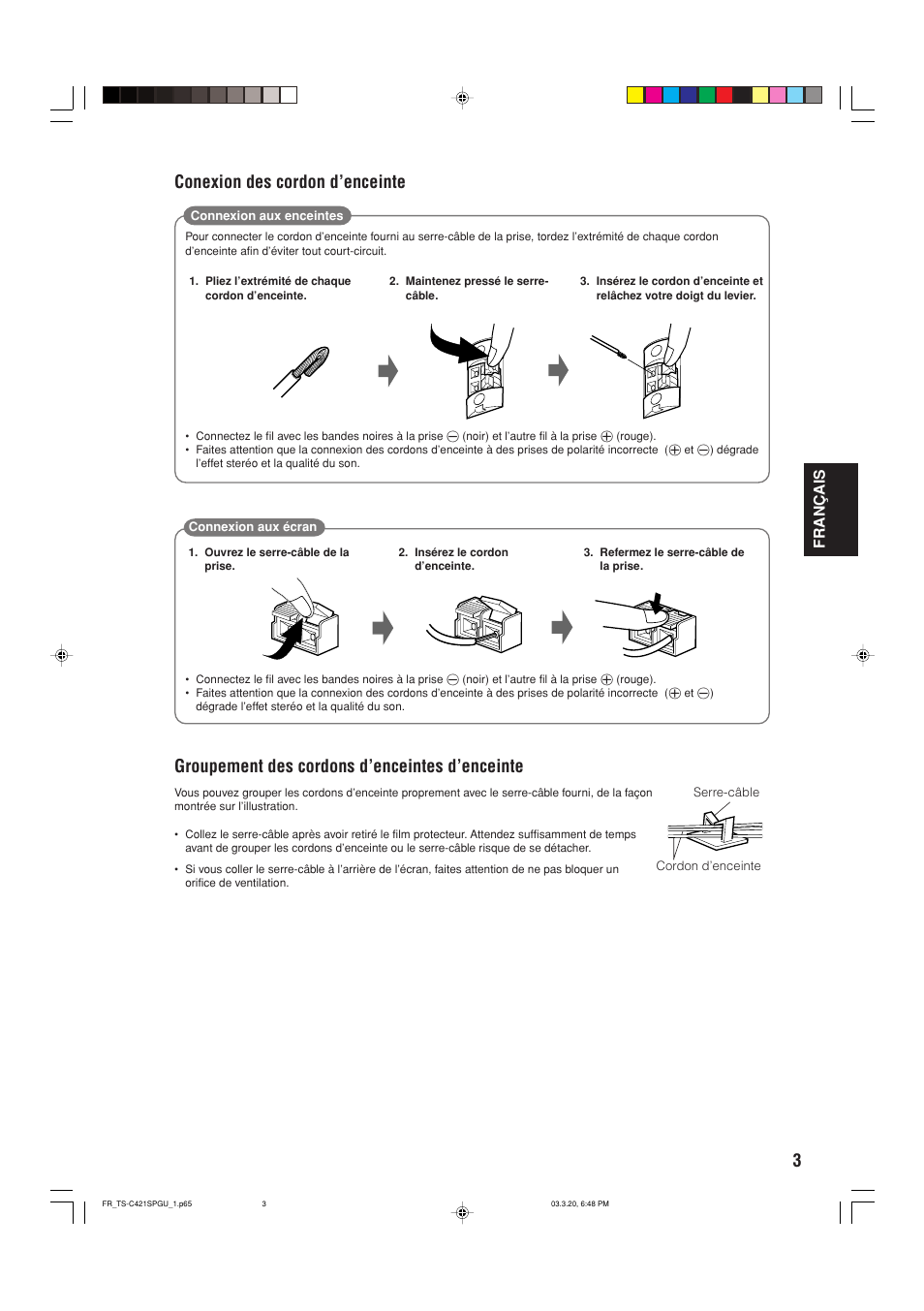 Groupement des cordons d’enceintes d’enceinte, Conexion des cordon d’enceinte, Français | JVC TS-C421SPGU User Manual | Page 17 / 40