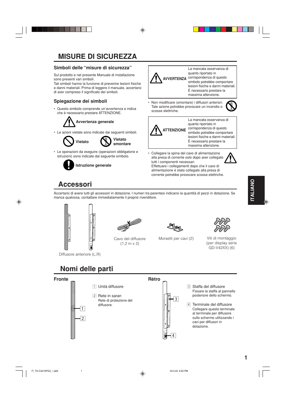 Italian, Nomi delle parti misure di sicurezza, Accessori | JVC TS-C421SPGU User Manual | Page 21 / 40