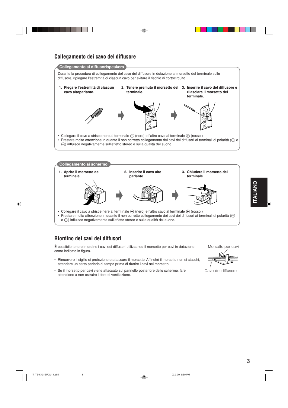 Riordino dei cavi dei diffusori, Collegamento dei cavo del diffusore, Italiano | JVC TS-C421SPGU User Manual | Page 23 / 40