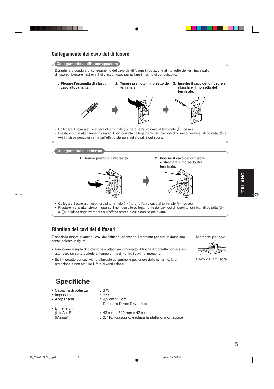 Specifiche, Riordino dei cavi dei diffusori, Collegamento dei cavo del diffusore | JVC TS-C421SPGU User Manual | Page 25 / 40