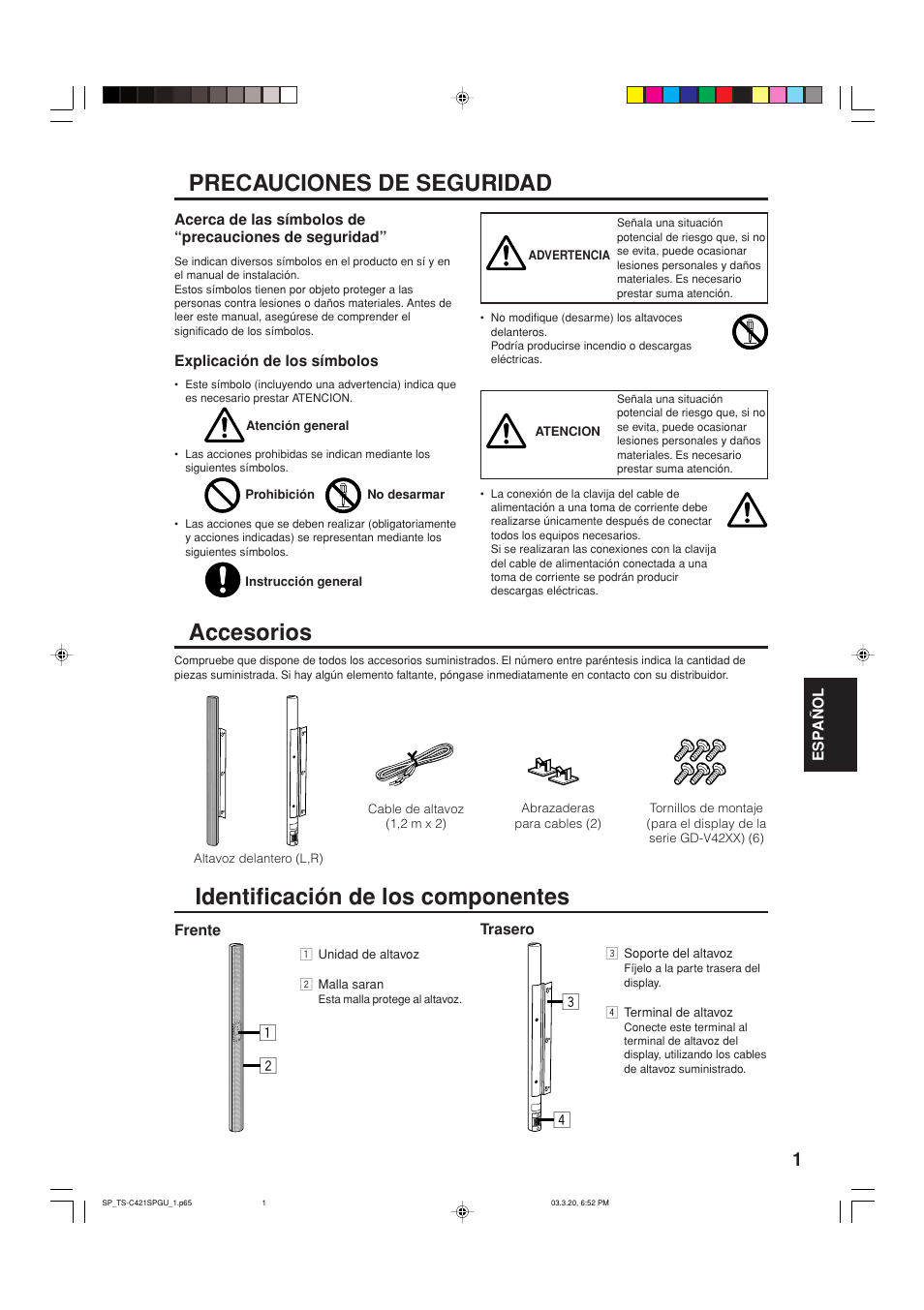 Spanish, Accesorios | JVC TS-C421SPGU User Manual | Page 27 / 40