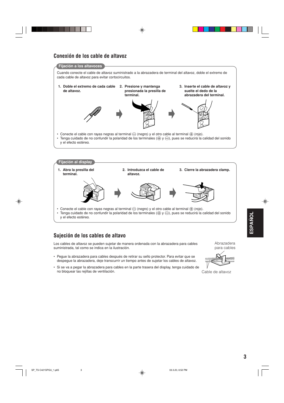 Sujeción de los cables de altavo, Conexión de los cable de altavoz | JVC TS-C421SPGU User Manual | Page 29 / 40