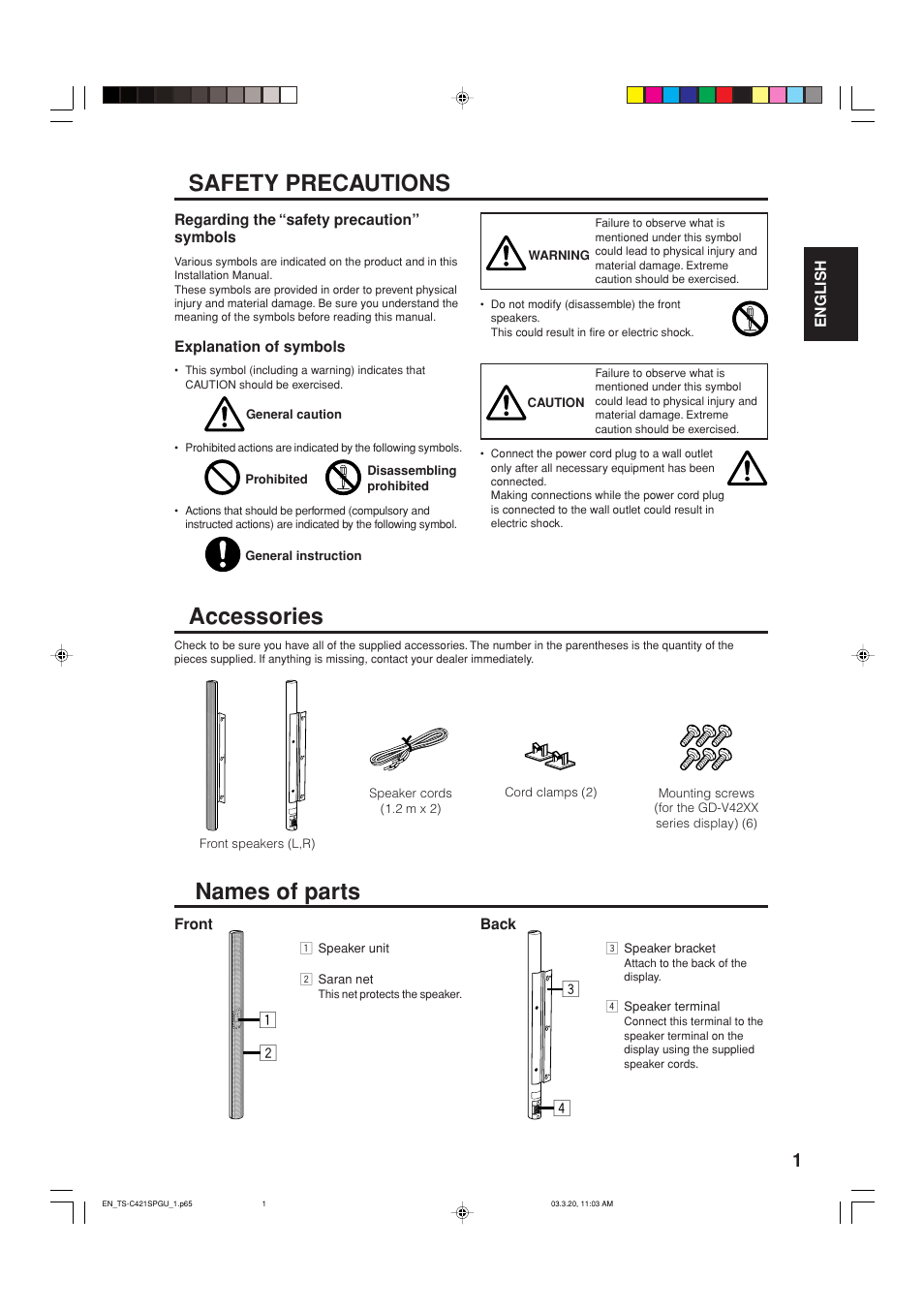 English, Names of parts safety precautions, Accessories | JVC TS-C421SPGU User Manual | Page 3 / 40