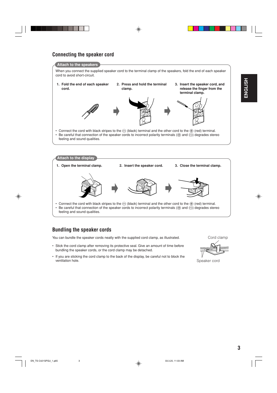 3bundling the speaker cords, Connecting the speaker cord | JVC TS-C421SPGU User Manual | Page 5 / 40