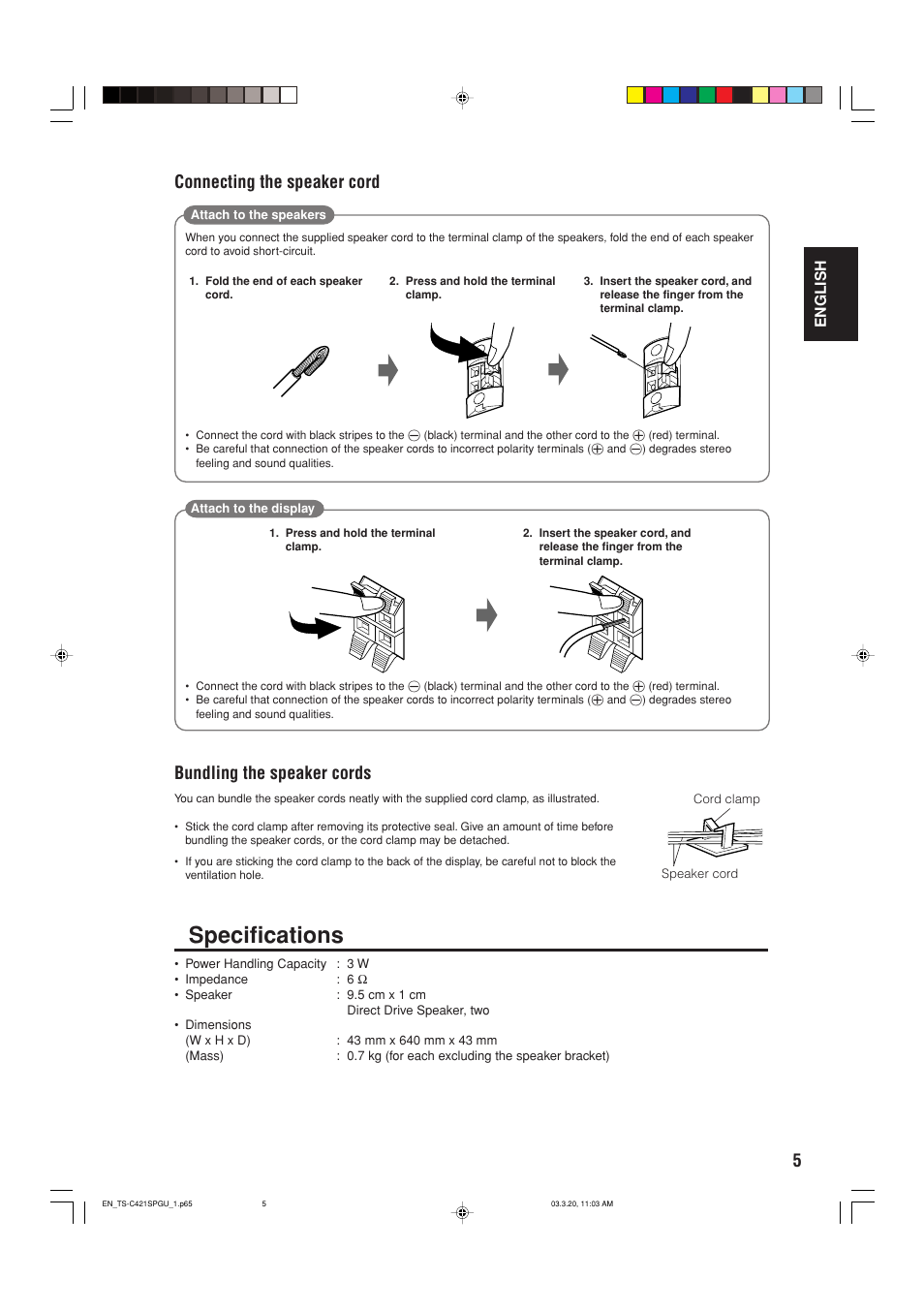 Specifications, 5bundling the speaker cords, Connecting the speaker cord | JVC TS-C421SPGU User Manual | Page 7 / 40
