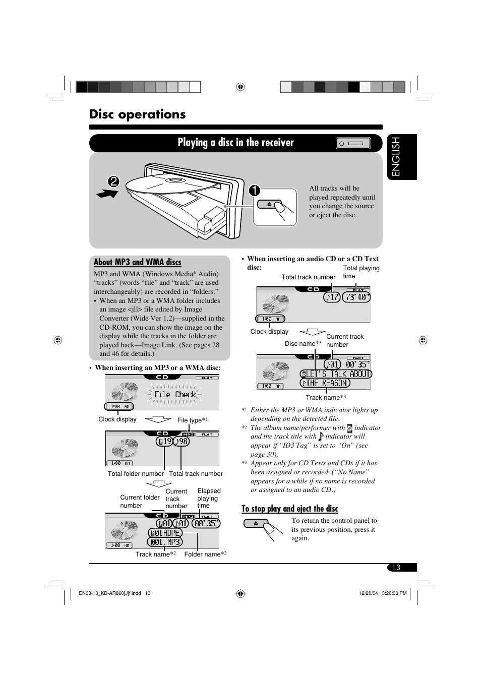 Disc operations, Playing a disc in the receiver, English | About mp3 and wma discs | JVC KD-AR860 User Manual | Page 13 / 56