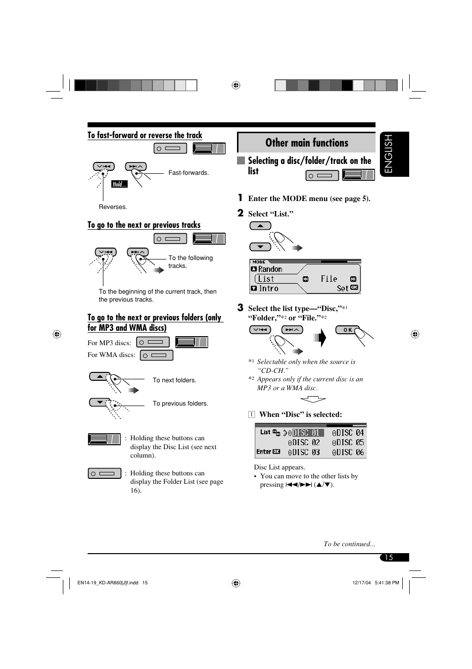 Other main functions, English, Selecting a disc/folder/track on the list 1 | JVC KD-AR860 User Manual | Page 15 / 56