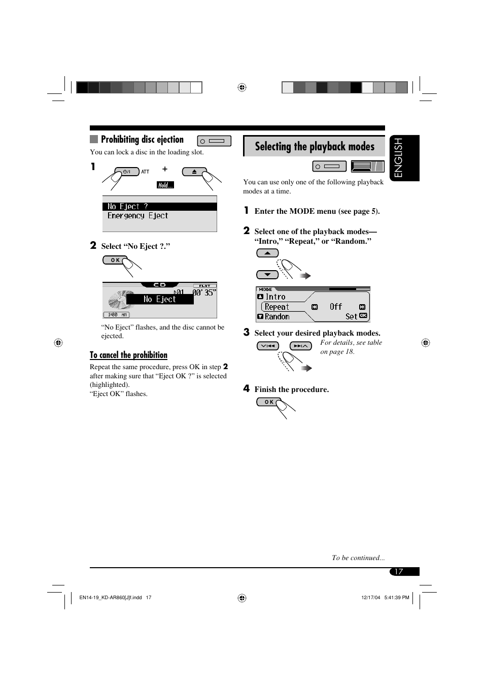 Selecting the playback modes, English, Prohibiting disc ejection | JVC KD-AR860 User Manual | Page 17 / 56