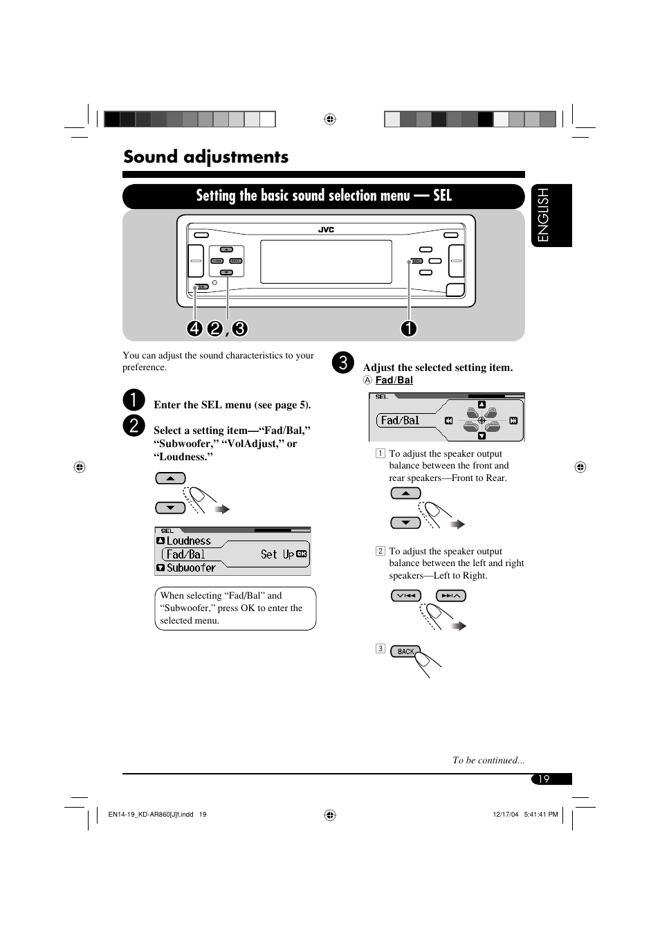 Sound adjustments, Setting the basic sound selection menu — sel | JVC KD-AR860 User Manual | Page 19 / 56