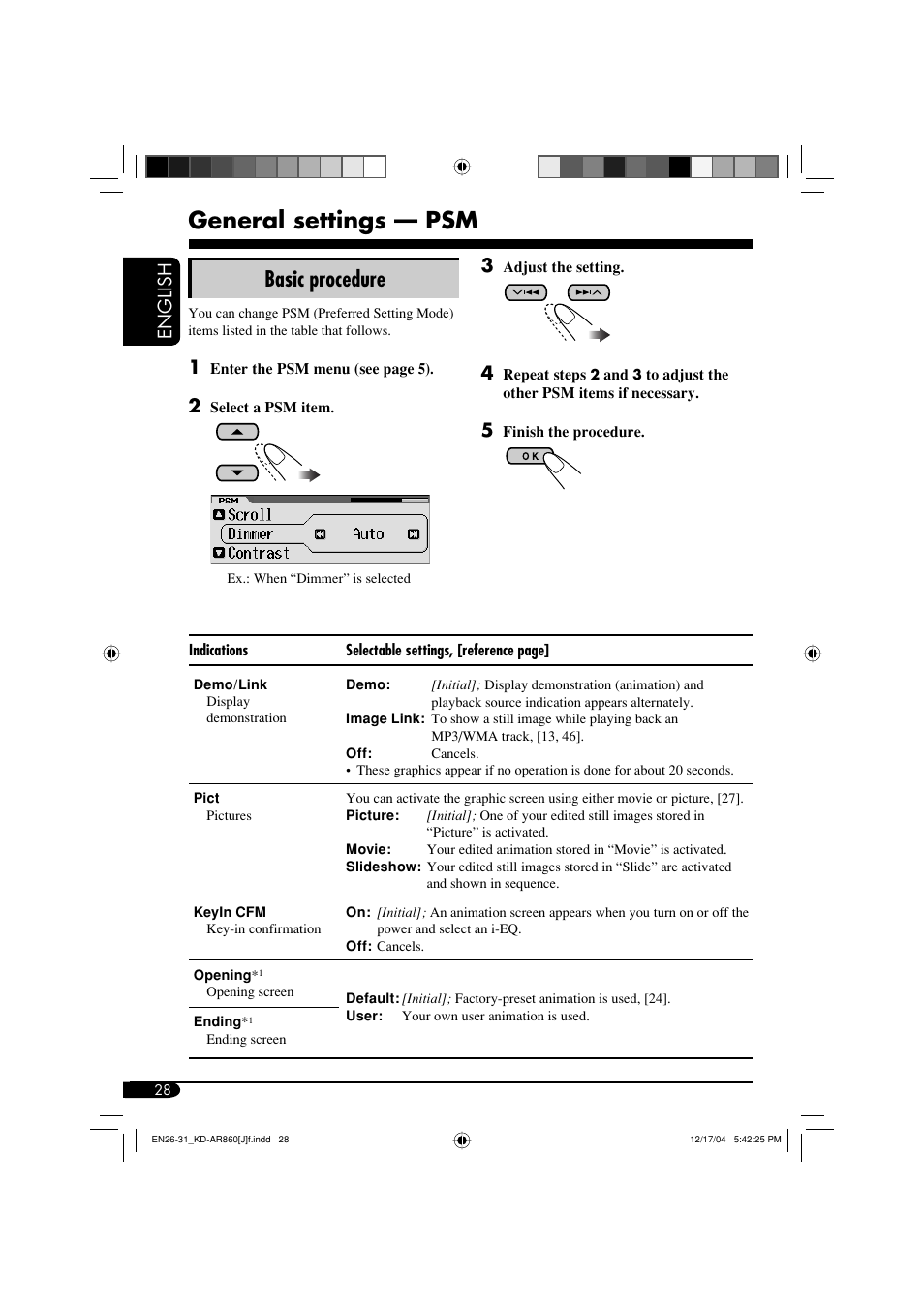 General settings — psm, Basic procedure, English | JVC KD-AR860 User Manual | Page 28 / 56