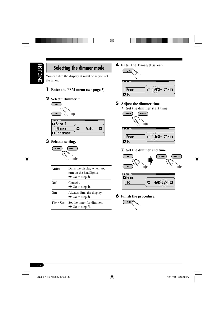 Selecting the dimmer mode, English | JVC KD-AR860 User Manual | Page 32 / 56