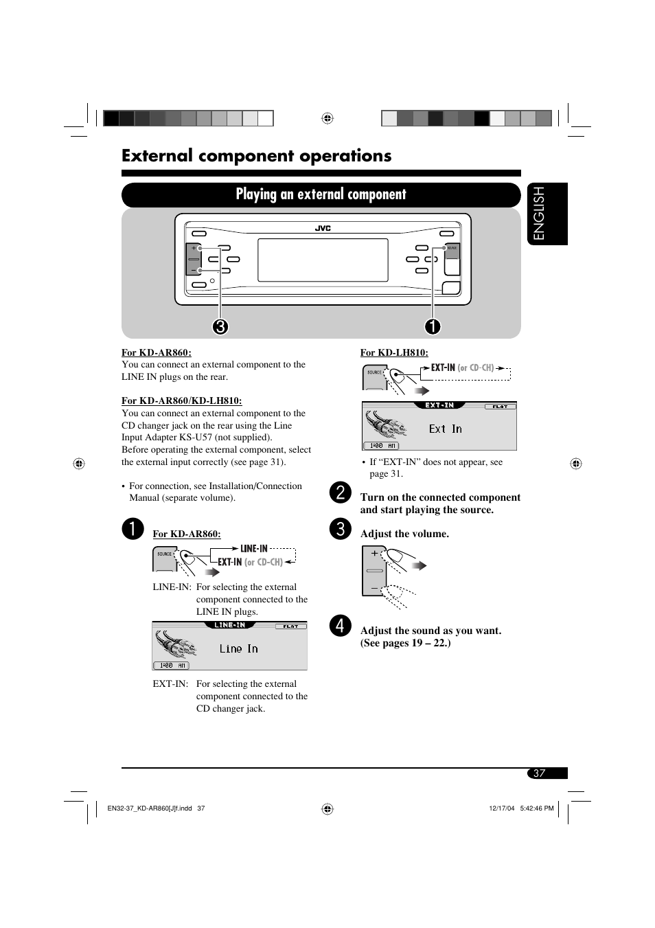 External component operations, Playing an external component | JVC KD-AR860 User Manual | Page 37 / 56