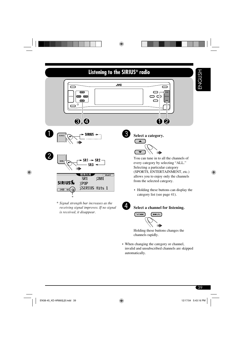 Listening to the sirius, Radio | JVC KD-AR860 User Manual | Page 39 / 56