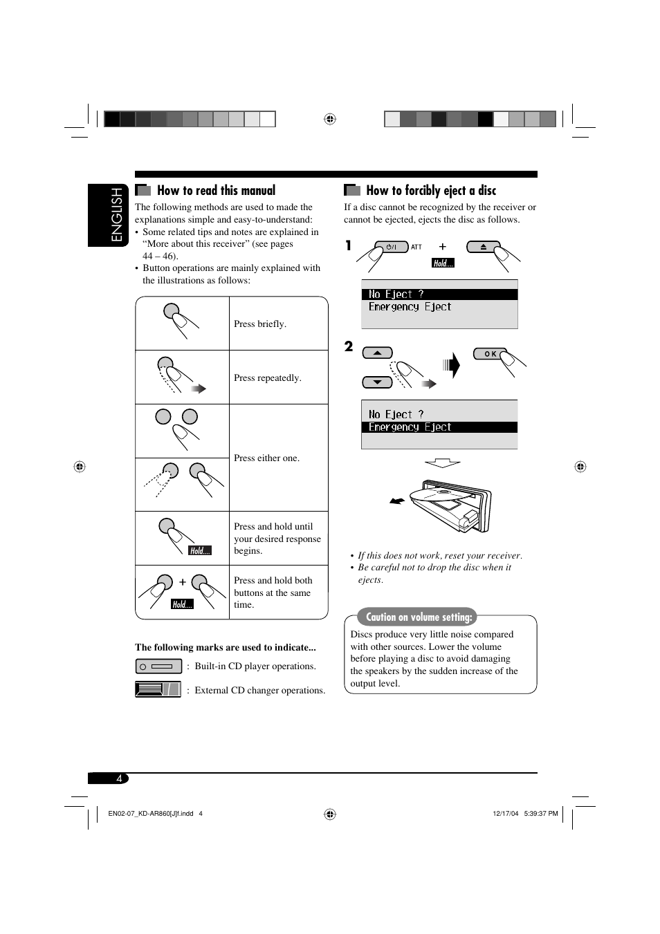 English how to read this manual, How to forcibly eject a disc | JVC KD-AR860 User Manual | Page 4 / 56