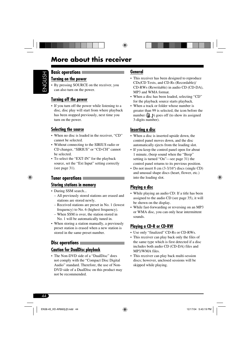 More about this receiver, English, Basic operations | Tuner operations, Disc operations | JVC KD-AR860 User Manual | Page 44 / 56