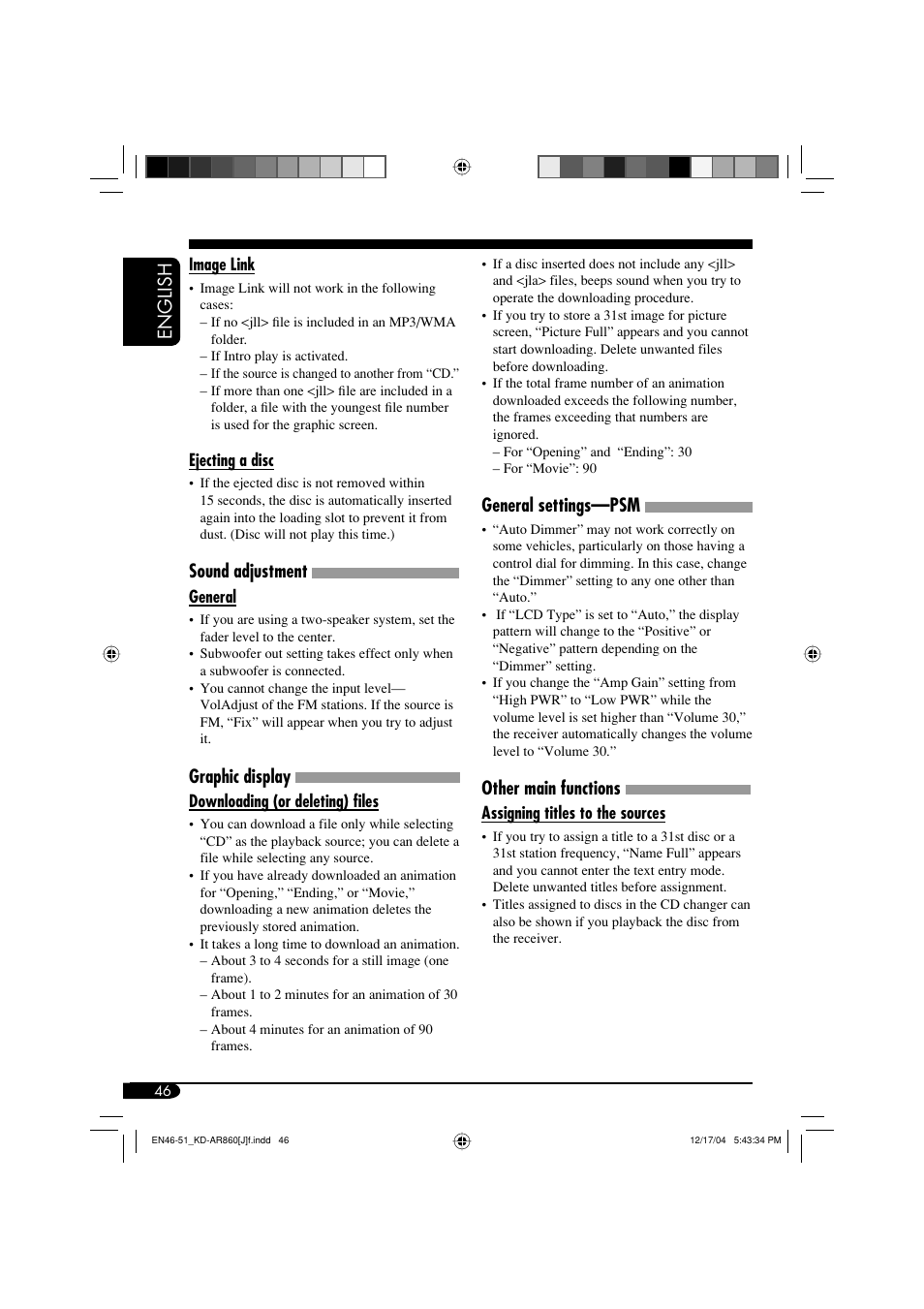 English, Sound adjustment, Graphic display | General settings—psm, Other main functions | JVC KD-AR860 User Manual | Page 46 / 56