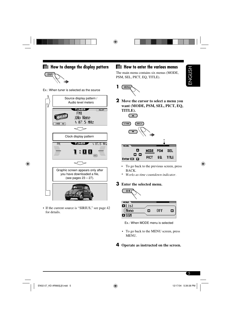 English how to enter the various menus, How to change the display pattern | JVC KD-AR860 User Manual | Page 5 / 56